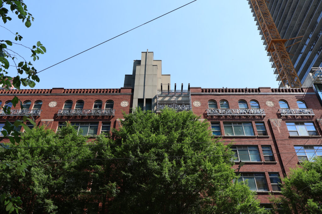A tree covering a red brick building in downtown Seattle.