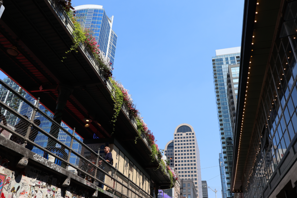 The view looking out from the Public Market Center in downtown Seattle.
