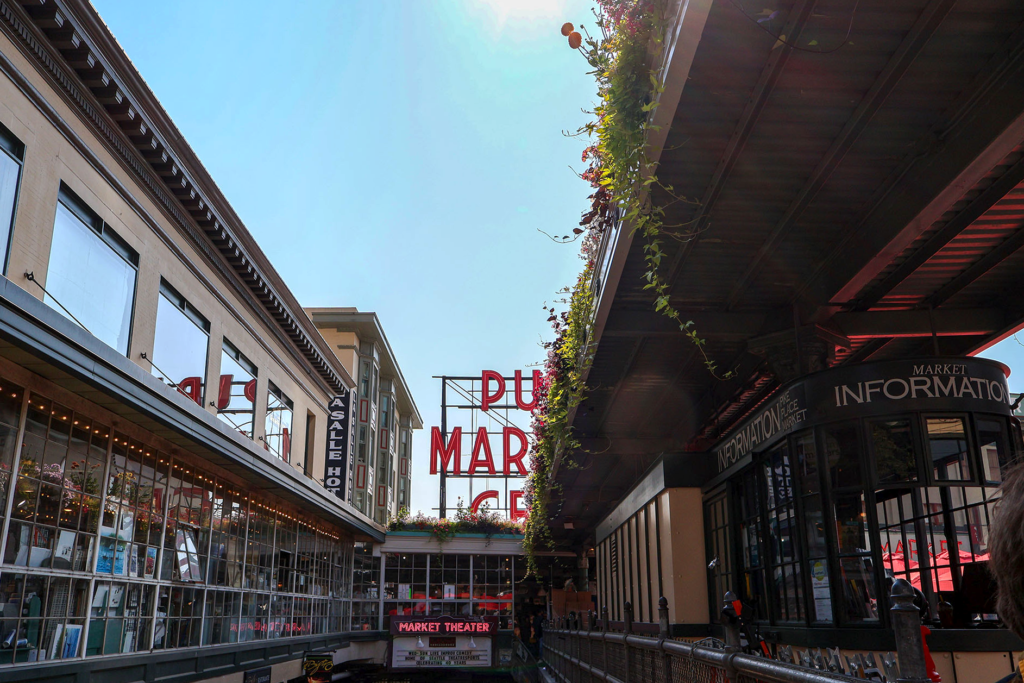 Public Market Center sign partially cut off in downtown Seattle.